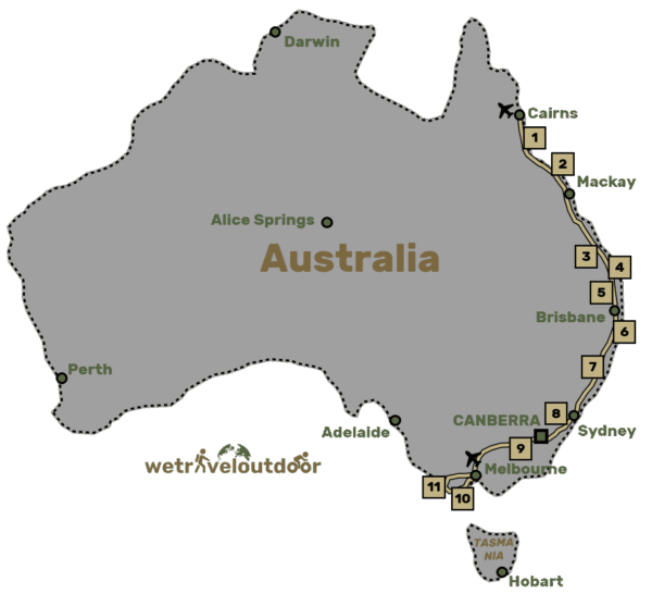 Reisgids kaart Australië door wetraveloutdoor
Reisroute oostkust Australië